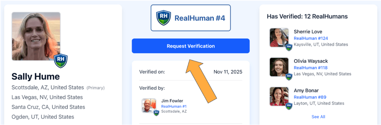 Example RealHuman profile page showing the Request Verification button