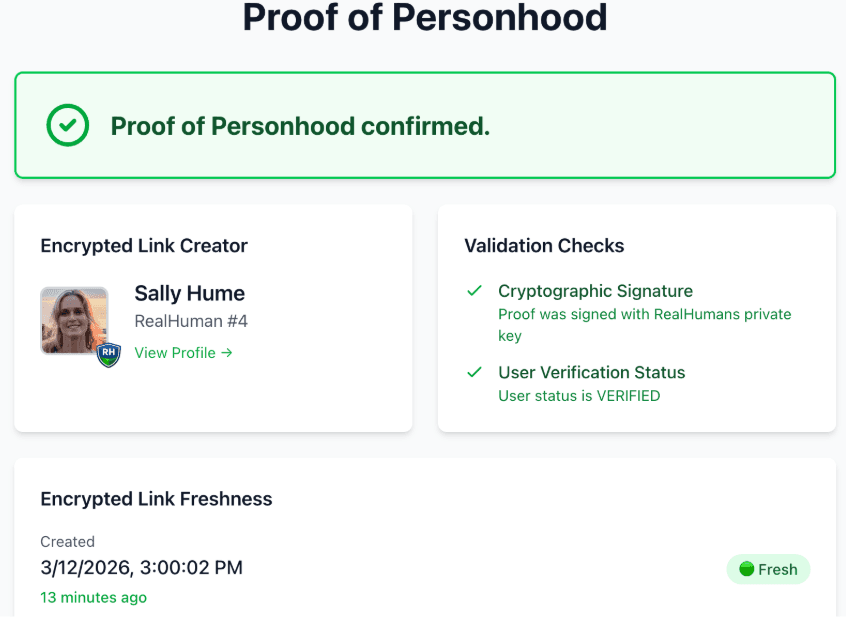 Proof of Personhood validation page showing confirmed status